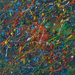Dynamic paint splatter composition with vibrant colors and intricate textures on canvas.